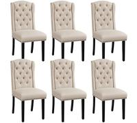 Yaheetech Set 6 Sedie Sala da Pranzo Tessuto Imbottite Eleganti Gambe in Legno Massello Schienale Alto con Bottoni Portata 140 KG Beige
