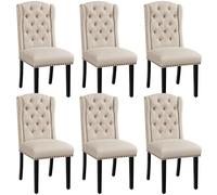 Yaheetech Set 6 Sedie Sala da Pranzo Tessuto Imbottite Eleganti Gambe in Legno Massello Schienale Alto con Bottoni Portata 140 KG Beige
