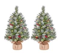Yaheetech Set di 2 Mini Albero di Natale da 61 cm Piccolo Albero Innevato con 35 Luci a LED 42 Bacche Rosse e 6 Pigne Ideale per Decorazioni Interni