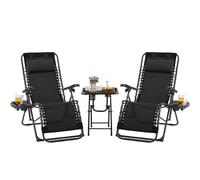 Yaheetech Set di 2 Sedie Sdraio da Giardino Zero Gravity e Tavolino con Portabicchieri, Set Sedie Pieghevoli con Poggiatesta, Portabicchieri, Pedale, Schienale Regolabile, Nero (Nero)