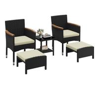 Yaheetech Set di 5 Mobili da Giardino in Rattan PE Mobili da Balcone con 2 Poltrone 2 Poggiapiedi 1 Tavolino in Vetro per Esterno Patio Terrazza Nero/Beige