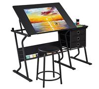 Yaheetech Set Tavolo da Disegno Inclinabile con Sgabello con 3 Cassetti Vassoio Toggle Scrivania per Disegnatore Architetto Pittore Ingegnere Nero