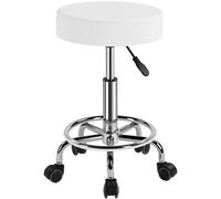 Yaheetech Sgabello con Ruote, Regolabile in Altezza, Sedia Rotondo Estetista con Rotelle Girevole, per Salone Toeletta Trucco Parrucchiere Poltrona Pedicure in Ecopelle, Bianco