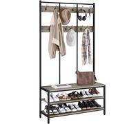 Yaheetech Stand Appendiabiti Attaccappani con Panca Scarpiera da Ingresso in Legno e Metallo Mobile Autoportante Portabiti da Entrata Mobile da Corridoio con Ripiani e 12 Ganci Grigio