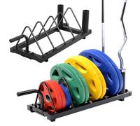 Yaheetech Supporto per Manubrio Rack di immagazzinaggio Mobile per Pesi Dischi Barre di Sollevamento con Maniglia di Trasporto e Ruote 4 Scomparti Fitness Gym Nero