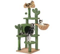 Yaheetech Tiragraffi Cactus per Gatti Altezza 135 cm Albero con Trespolo Piattaforma Cesto Casetta Scalaetta Pompon Gioco Giocattolo Verde e Marrone
