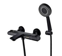 YAHUIHOME Nero Miscelatore Termostatico per Vasca da Bagno Con Soffione Doccia 6 Funzioni, Nero Rubinetto Vasca da Bagno con Doccetta Set con Blocco di Sicurezza a 38° C, Tubo Flessibile 1,5 M