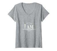 Yahweh The Great I AM - Fede ispiratrice Opera d'Arte Maglietta con Collo a V, Donna, Grigio Melange, M