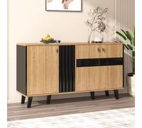 YAIXBNG 140 x 78,5 x 41 cm, credenza in legno e nero con spazio di archiviazione, armadio con luce a LED e vetro, versatile