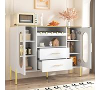 YAIXBNG Credenza bianca, frontale in vetro e scaffale per vino, credenza per sala da pranzo e soggiorno, base regolabile, molto spazio e design moderno