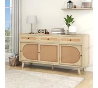 YAIXBNG Credenza in legno, lunghezza 140 cm, con porta in plastica PE e ripiani regolabili, 3 cassetti, credenza con 3 ante scorrevoli