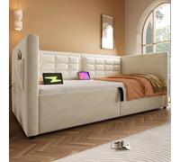 YAIXBNG Divano letto imbottito 90 x 200 cm, divano letto singolo con spazio idraulico e stazione di ricarica USB e tipo C, letto per gli ospiti con rete in legno, beige, velluto, senza materasso.