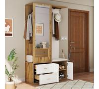 YAIXBNG Elegante set appendiabiti in colore bianco e legno con specchio, scarpiera, scarpiera con gancio e asta appendiabiti estraibile