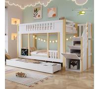 YAIXBNG Lettino a castello, culla per le scale con funzione di archiviazione, tre cassetti su ruote, piccola lavagna per scarabocchiare, pino + MDF+PB+compensato, bianco+naturale, 90 x 200 cm