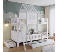 YAIXBNG Lettino a castello, letto per bambini, due cassetti con ruote, bel tetto e finestra, con tavolo da lettura e cestino, pino + MDF + compensato, bianco, 90 x 200 cm