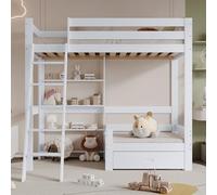 YAIXBNG Letto a Castello con Mensole e Divano, Lettino in Legno con Singolo Cassetto, Lettino con Scala Inclinata a 5 livelli, Telaio Letto in Legno Massello Bianco 90x200 cm