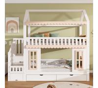 YAIXBNG Letto a castello, letto per bambini, a forma di casa, armadio laterale con scala, 2 cassetti, finestre decorative in legno e modanature, pino + MDF, bianco + naturale, 90 x 200 cm