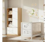 YAIXBNG Letto a doghe e guardaroba, set di mobili per cameretta dei bambini, set letto a griglia in legno massello, con lavagna da pittura (120 x 60 x 90 cm), armadio con porta scorrevole con asta