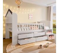 YAIXBNG Letto a mezza altezza, 90 x 200 cm, forma domestica, finestra, 4 cassetti, striscia luminosa a LED, scala cuscinetto, senza materasso, bianco