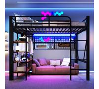 YAIXBNG Letto a soppalco, 140 x 200 cm, struttura in ferro, per appendere oggetti, con asta appendiabiti, spazio aperto sotto il letto, con striscia luminosa a LED, senza materasso, colore: nero