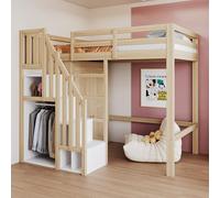 YAIXBNG Letto a soppalco 90 x 200 cm, con scaletta di sicurezza, con ripostiglio, letto singolo, letto per bambini, telaio in legno massello, colore legno originale