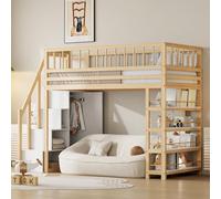 YAIXBNG Letto a soppalco 90 x 200 cm, design di sicurezza con armadio, mensole e spazio con scaletta di sicurezza, letto multifunzione, letto in legno massiccio, colore legno