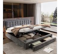 YAIXBNG Letto con cassettiera e cassetti, tessuto di velluto, letto imbottito, rete a doghe, letto matrimoniale, grande spazio di archiviazione, 180 x 200, grigio