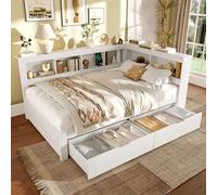 YAIXBNG Letto Giorno 140 x 200 cm, Divano Letto con Due Cassetti, Con Presa e 2 Porte USB, Letto con Rete a doghe (senza materasso), Truciolare, Bianco