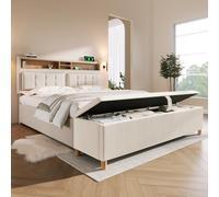 YAIXBNG Letto imbottito 140 x 200 cm, con panca e stazione di ricarica USB, spazio e comfort in effetto lino (incl. rete a doghe, senza materasso)