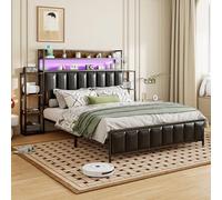 YAIXBNG Letto imbottito 140 x 200 cm, con più ripiani, con illuminazione a LED, testiera per riporre oggetti, struttura in ferro massiccio, letto per ragazzi, letto matrimoniale, rivestimento in