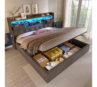 YAIXBNG Letto imbottito 140 x 200 cm con spazio idraulico e testa LED, 4 stazione di ricarica (USB/Type-C), letto matrimoniale con rete a doghe, tessuto di lino grigio (senza materasso)