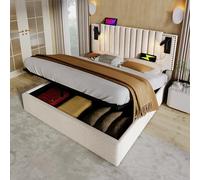 YAIXBNG Letto imbottito 140 x 200, letto matrimoniale con funzione di ricarica USB, testiera, schienale con design rivetti, letto con rete a doghe e cassetta del letto, cotone, beige (senza materasso)