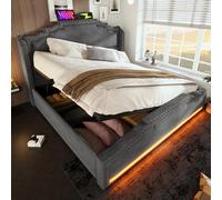 YAIXBNG Letto imbottito 140 x 200, letto matrimoniale con vano idraulico, illuminazione a LED e porta di ricarica USB-C, letto per bambini e ragazzi con rete a doghe, velluto, grigio, senza materasso