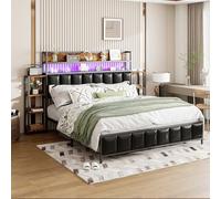 YAIXBNG Letto imbottito 160 x 200 cm, con più ripiani, con illuminazione a LED, testiera per riporre oggetti, struttura in ferro massiccio, letto per ragazzi, letto matrimoniale, rivestimento in
