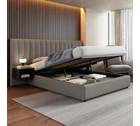 YAIXBNG Letto imbottito 160 x 200 cm, letto idraulico largo con due comodini con vano portaoggetti, adatto per adulti e ragazzi, rete a doghe in legno, facile da montare, lino, grigio + nero