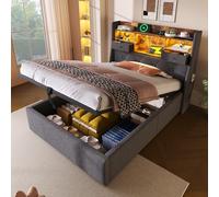 YAIXBNG Letto imbottito 90 x 200 cm con spazio idraulico e testa LED, 4 stazione di ricarica (USB/Type-C), letto singolo con rete a doghe, tessuto di lino grigio (senza materasso)