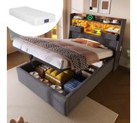 YAIXBNG Letto imbottito 90 x 200 cm con spazio idraulico e testa LED, 4 stazione di ricarica (USB/Type-C), letto singolo con rete a doghe, tessuto di lino grigio (con materasso)