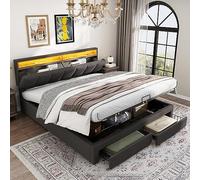 YAIXBNG Letto imbottito con illuminazione a LED, letto idraulico con cassetto, cassetti e vano portaoggetti, testiera in schiuma, letto matrimoniale in acciaio, lino, 180 x 200 cm, grigio