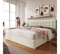 YAIXBNG Letto imbottito con rete a doghe e spazio per letto matrimoniale, con striscia di illuminazione a LED, 160 x 200 cm, letto funzionale, rivestimento in ecopelle bianco