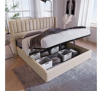 YAIXBNG Letto imbottito idraulico, letto matrimoniale 160 x 200 cm, rete a doghe in legno, letto con rete a doghe in metallo, lino, beige