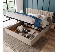 YAIXBNG Letto imbottito idraulico, letto matrimoniale 180 x 200 cm, rete a doghe in legno, letto con rete a doghe in metallo, lino, beige