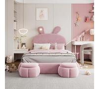 YAIXBNG Letto imbottito, letto matrimoniale, letto idraulico, orecchie di coniglio con luminosità regolabile, strisce luminose color caldo, spazio sotto il letto, due sgabelli, velluto, rosa, 140 x