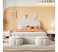 YAIXBNG Letto imbottito, letto matrimoniale, letto idraulico, orecchie di coniglio con luminosità regolabile, strisce luminose color caldo, spazio sotto il letto, due sgabelli, velluto, beige, 140 x