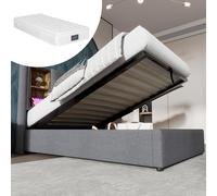 YAIXBNG Letto singolo con ricarica wireless USB C, letto imbottito, 90 x 200 cm, struttura del letto con spazio di archiviazione, rete a doghe in legno grigio e cotone (con materasso)