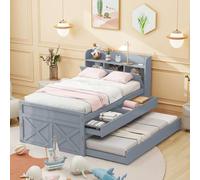 YAIXBNG Letto singolo in legno massello di pino 90 x 190 cm, multifunzione, con cassetto estraibile, rete a doghe, comodino con ripiani con presa USB, letto per gli ospiti, colore grigio