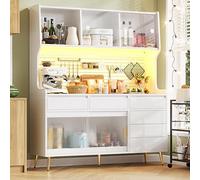 YAIXBNG Mobile alto moderno con illuminazione a LED e controllo app, armadio da cucina o sala da pranzo con cassetto, credenza con ripiano con parete forata, 145 x 39 x 171 cm, bianco