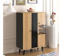 YAIXBNG Mobiletti, credenza, vetrine con vetro e illuminazione a LED. Include laminati, una combinazione di colori nero e legno, design unico a strisce di legno nero