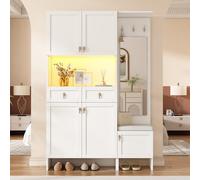 YAIXBNG Set appendiabiti da parete; set appendiabiti con scarpiera e scarpiera, con 3 ganci, 5 ante, 2 cassetti, 1 specchio, mobili da corridoio bianco (larghezza 120 x altezza 180 x profondità 33,5