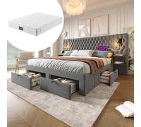 YAIXBNG Set completo per camera da letto, letto matrimoniale, 160 x 200 cm, con 2 comodini e 4 cassetti, testiera con funzione di ricarica USB, colore grigio, velluto (con materasso)