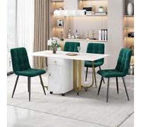 YAIXBNG Set da pranzo (set da 150 x 80 x 76 cm, tavolo da pranzo con 4 sedie), tavolo da cucina pieghevole, in velluto, per sala da pranzo, con schienale, in MDF, colore bianco, gambe del tavolo
